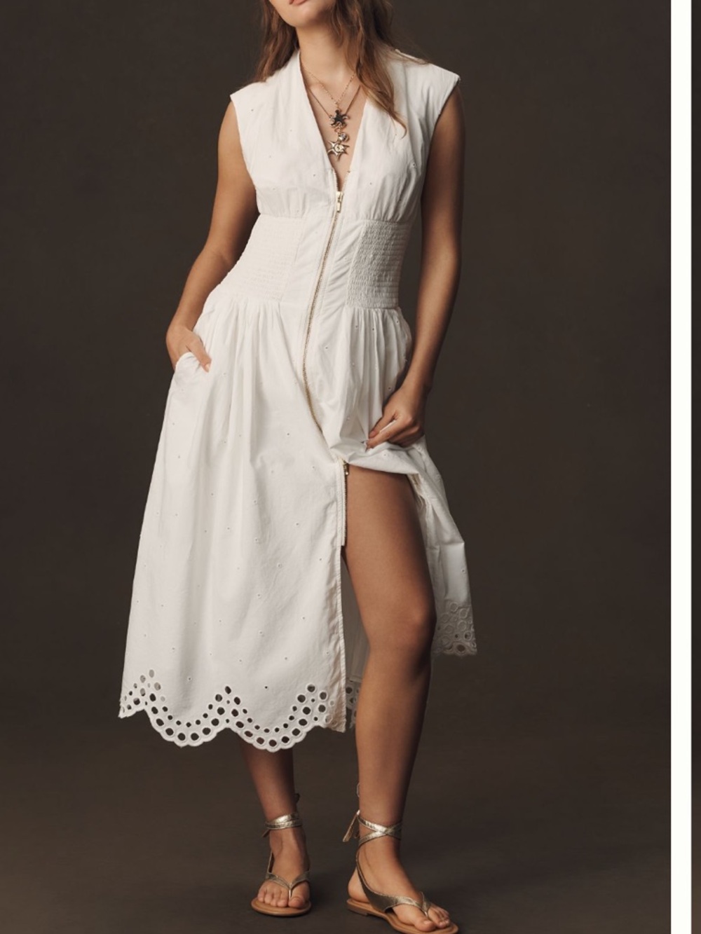 Anthropologie Tommie White Eyelet Midi Dress with Smocked Waist Large